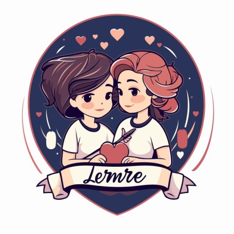 Vector illustration of two young girls in love with hearts and r