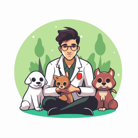 Veterinarian with dogs. Vector illustration in a flat style.