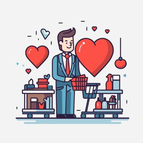 Valentine's day shopping concept. Vector illustration in thin li