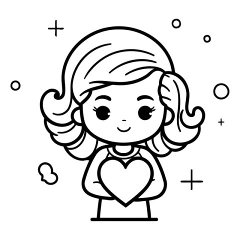 Black and White Cartoon Illustration of Cute Little Girl with He