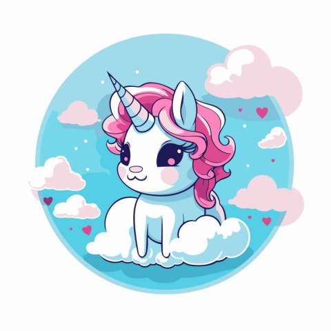 Cute cartoon unicorn in the clouds. Vector illustration in a fla