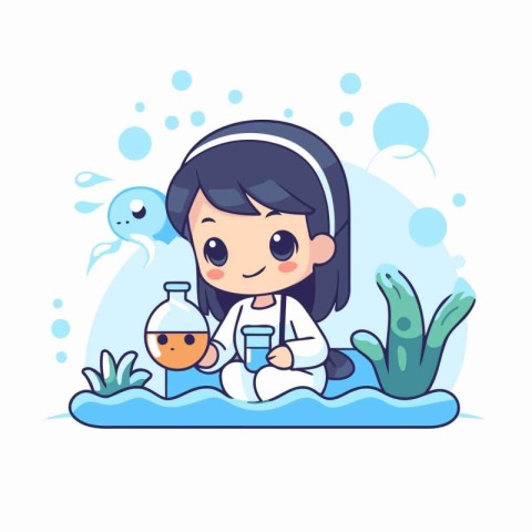 Cute cartoon girl learning chemistry. Vector illustration. Flat