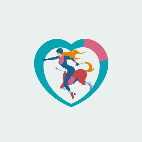 Running woman with heart. Healthy lifestyle concept. Vector illu