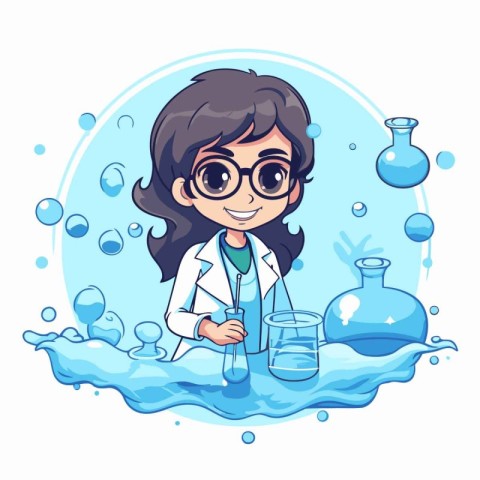 Scientist girl cartoon character holding flask with chemical liq