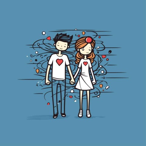 Cute couple in love. Hand drawn vector illustration. Cartoon sty