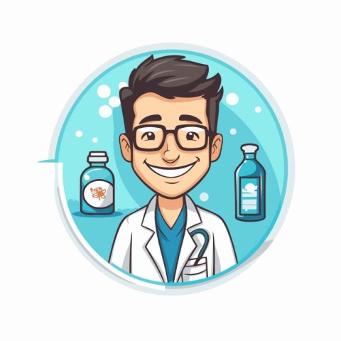 Pharmacist holding bottle of medicine. Vector illustration in ca