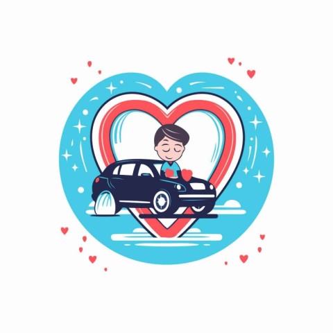 Couple in love with a car. Valentine's day vector illustration.