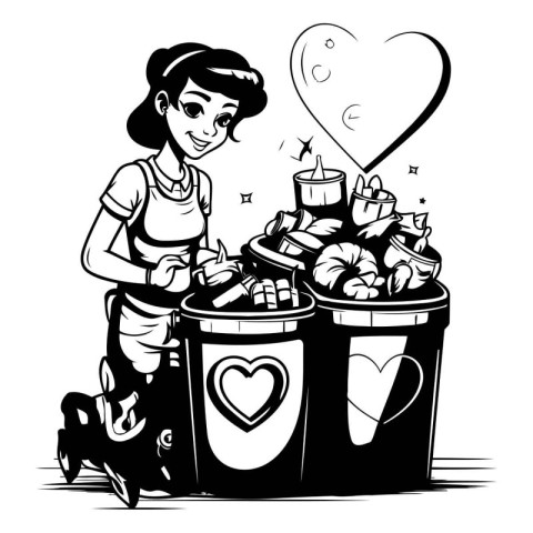 Woman with a bucket full of food. Vector illustration in black a