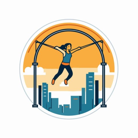 Woman doing pull-ups in the city. Flat style vector illustration