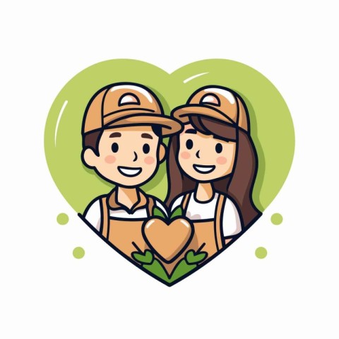 Couple of farmer in heart shape vector illustration. Cartoon fla