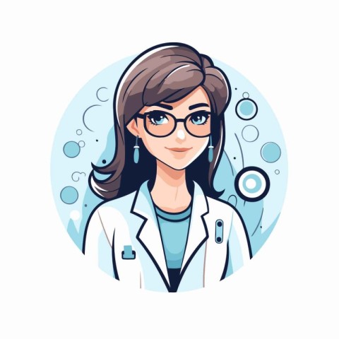 Female doctor in white coat and glasses. Vector illustration in