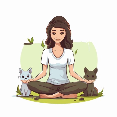 Young woman sitting in lotus position with cat and dog. Vector i