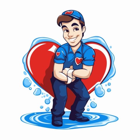 Vector illustration of a male plumber with a big red heart.