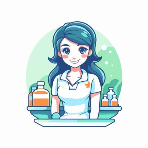 Cute nurse in uniform holding tray with medicines. Vector illust