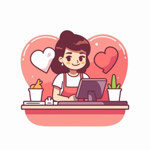 Cute girl working on laptop at home. Vector illustration in cart