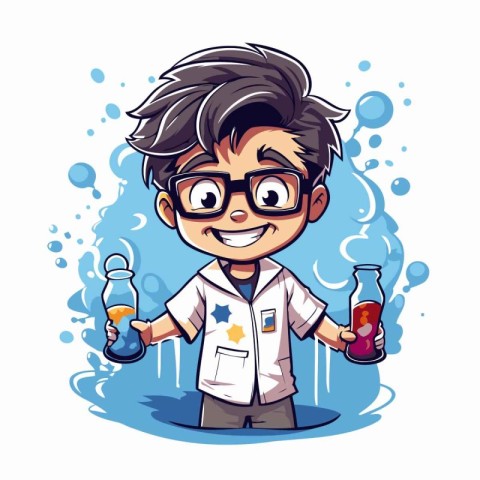 Scientist boy cartoon character with flask and test tube vector