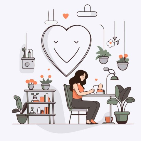 Vector illustration of a girl sitting at a table with a laptop a