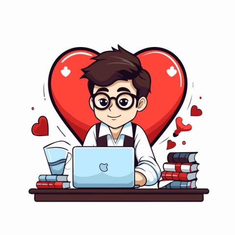 Cute nerd boy with laptop and books. Vector cartoon illustration