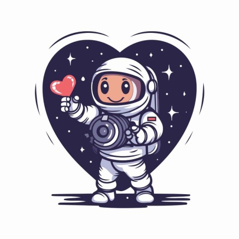 Astronaut with heart in his hand. vector cartoon illustration.