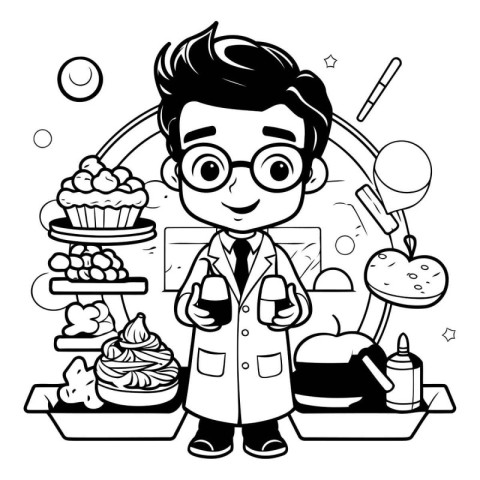 Vector illustration of a boy in a lab coat holding a cupcake