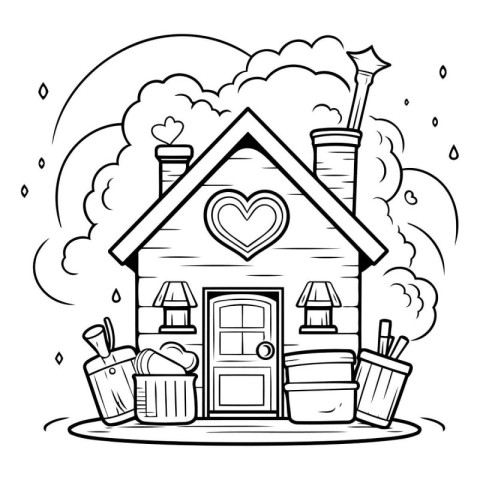 House with heart and bucket. Black and white vector illustration