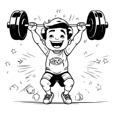 Cartoon illustration of a boy lifting a barbell. Black and white