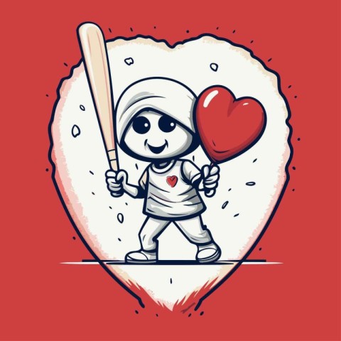 Vector illustration of a mummy holding a red heart and baseball