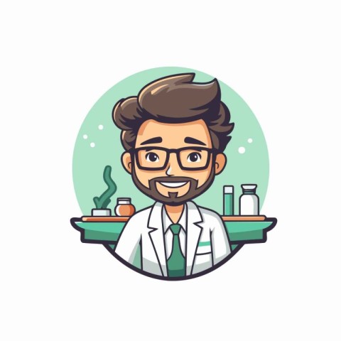 Cartoon doctor with a beard in a white coat and glasses.