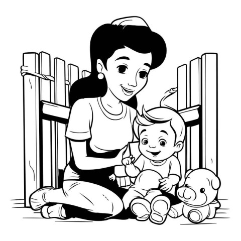 Mother and daughter playing with toys. Black and white vector il