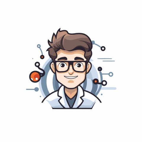 Scientist man in glasses and white lab coat. Vector illustration