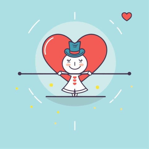 Cute cartoon girl with red heart on blue background. Vector illu