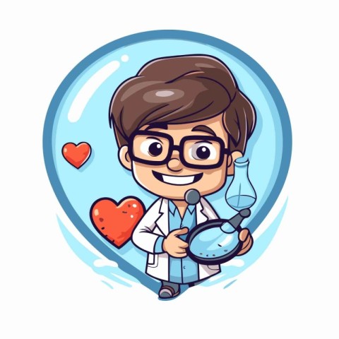 Cute cartoon boy doctor holding magnifying glass and stethoscope