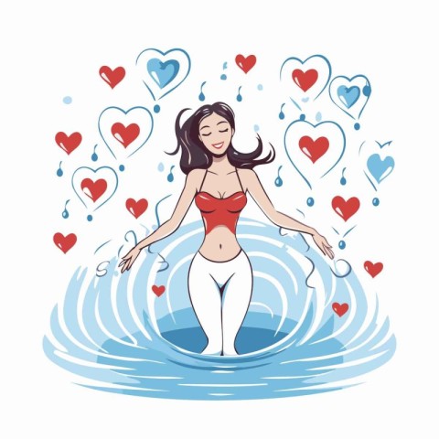 Girl in a swimsuit on a background of hearts. Vector illustratio