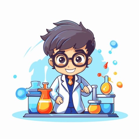 Cute little boy scientist in lab coat and glasses. Vector illust