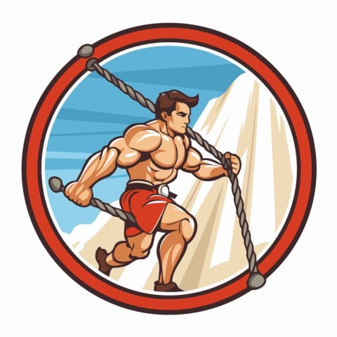 Cartoon style illustration of a bodybuilder doing pull-ups with