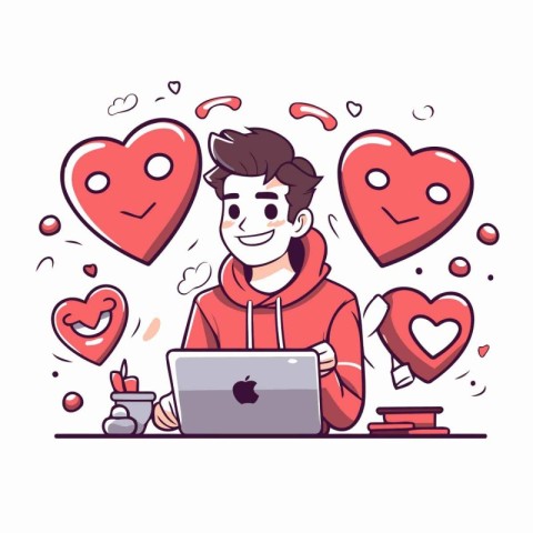 Young man working on laptop with hearts around him. Vector illus