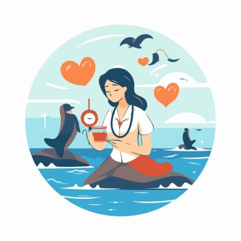 Vector illustration of a woman doctor sitting on the seashore an