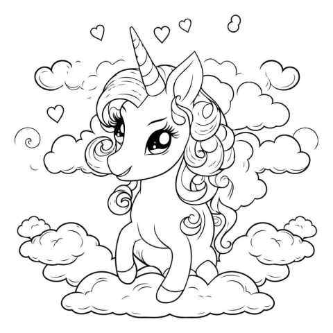 Unicorn sitting on the cloud. Coloring book for children.