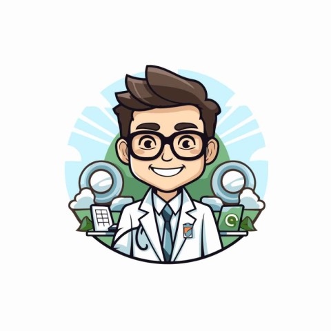 Vector illustration of a doctor in a white coat and glasses. Vec