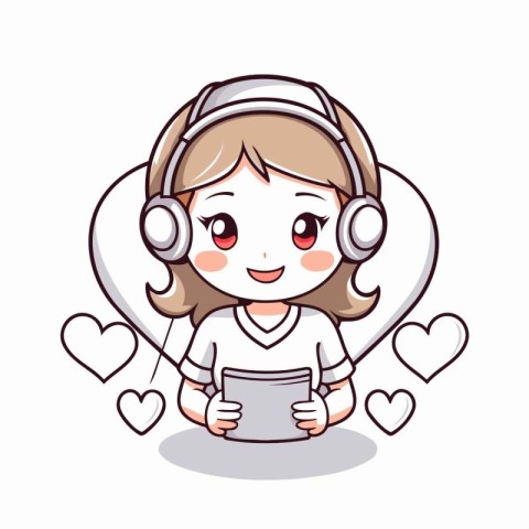 Girl using tablet pc and headphones with hearts around. Vector i