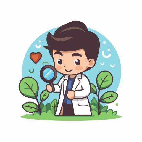 Vector illustration of a boy doctor holding a magnifying glass a