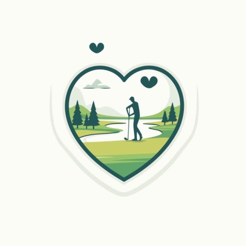 Golf club emblem in heart shape with golf player and golf course