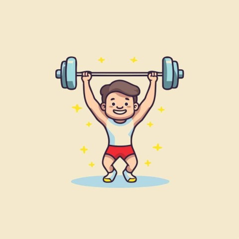 Cartoon man lifting barbell. Flat design style vector illustrati