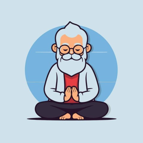 Old man meditating in lotus position. Cartoon vector illustratio