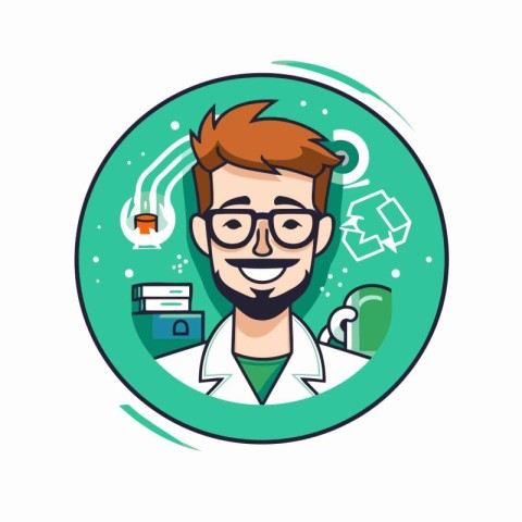 Scientist man character in flat style. Vector illustration. Heal