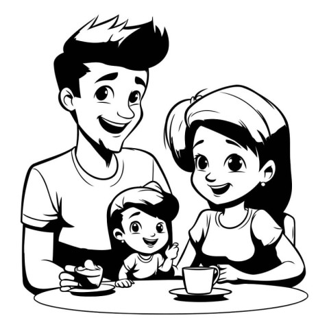 Family couple with little boy and girl at table cartoon vector i