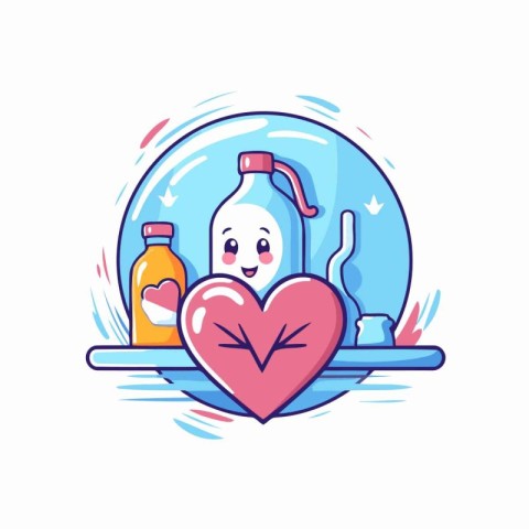 Cute cartoon bottle with milk and heart. Vector illustration. Fl