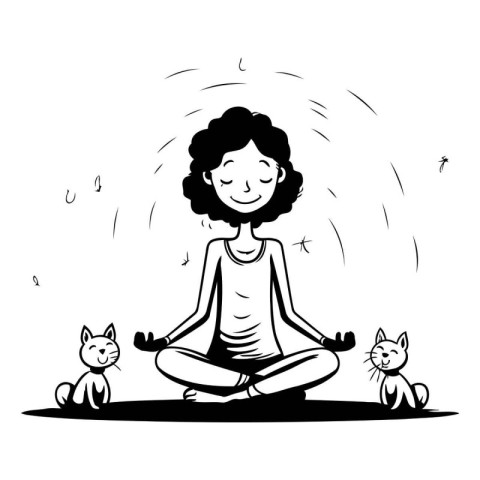 Woman meditating with cat and dog. Vector illustration in cartoo