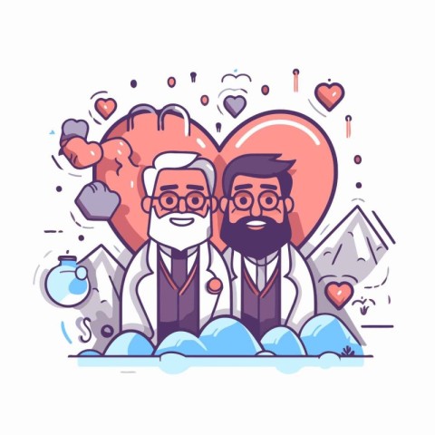 Vector illustration of happy senior couple in love with big red