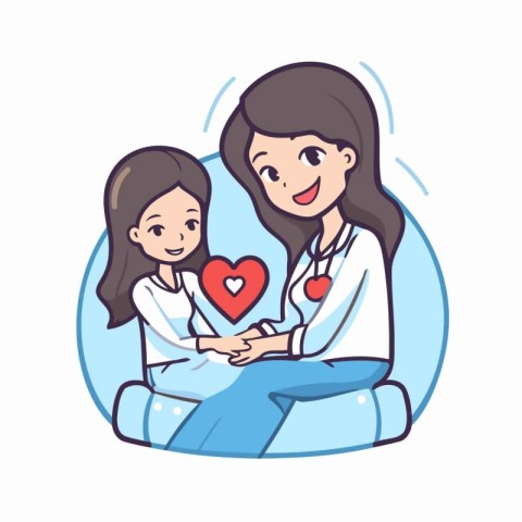 Mother and daughter sitting on the floor and holding a red heart